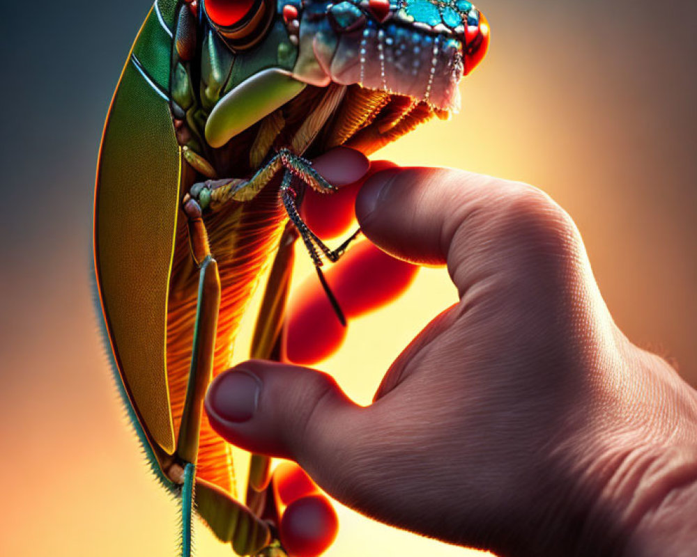 Vividly Colored Mantis Held Against Sunset Background