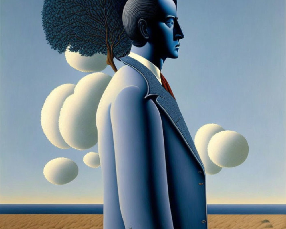 Surreal painting: Man with tree hair in nature scene