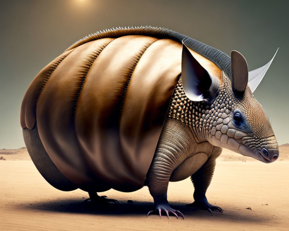 Stylized creature blending armadillo with coffee bean body in desert setting