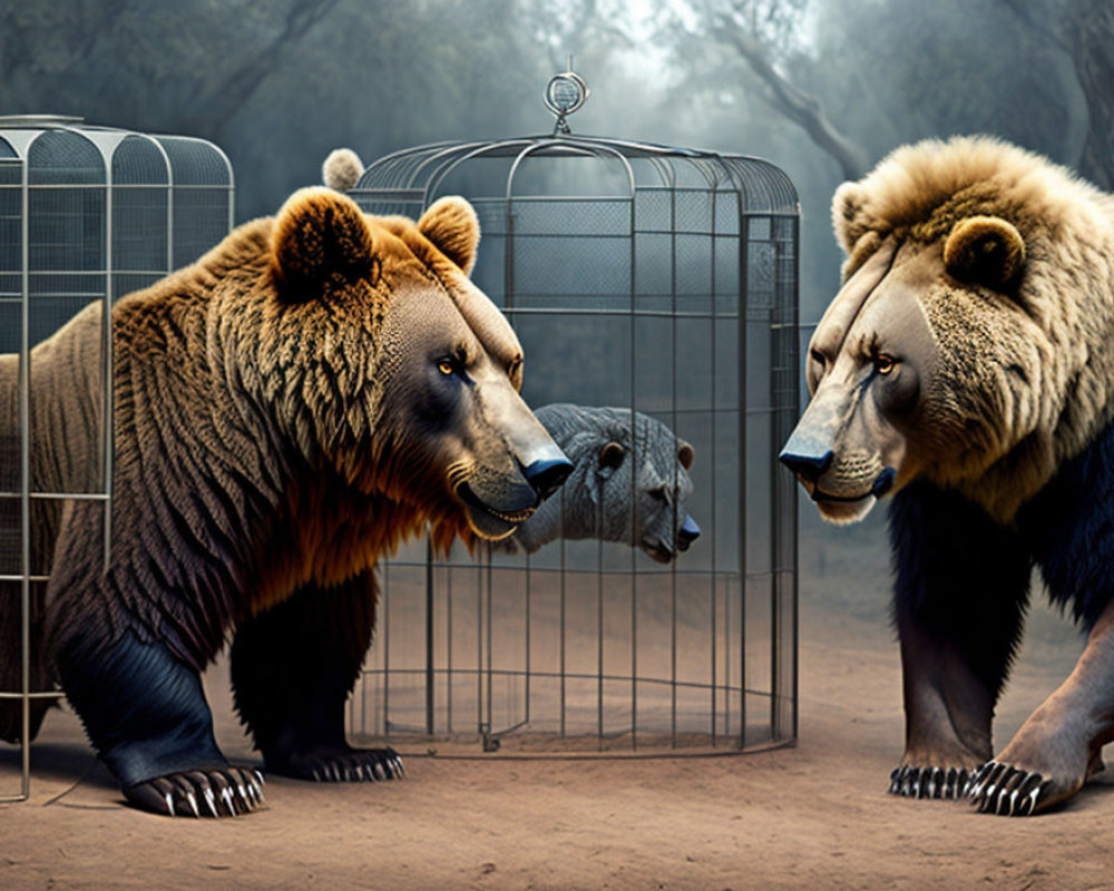 Two large bears in front of an open cage in mystical forest setting