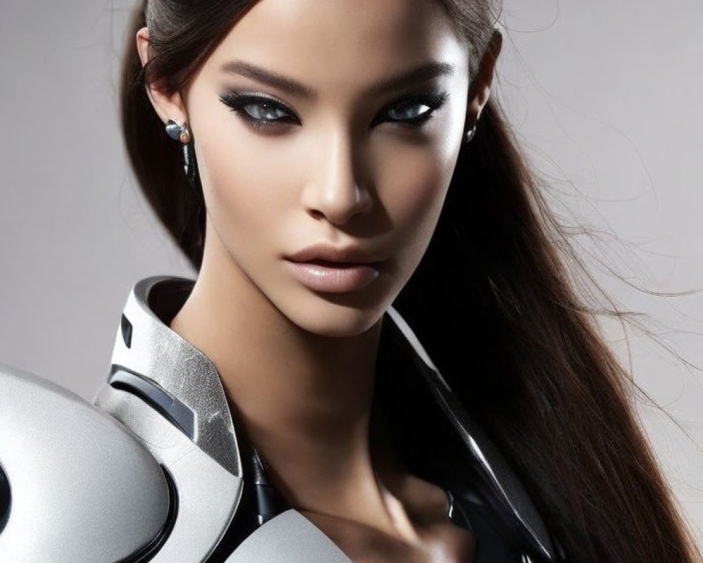 Woman with sleek hair and smoky eye makeup in futuristic metallic shoulder armor poses with piercing gaze