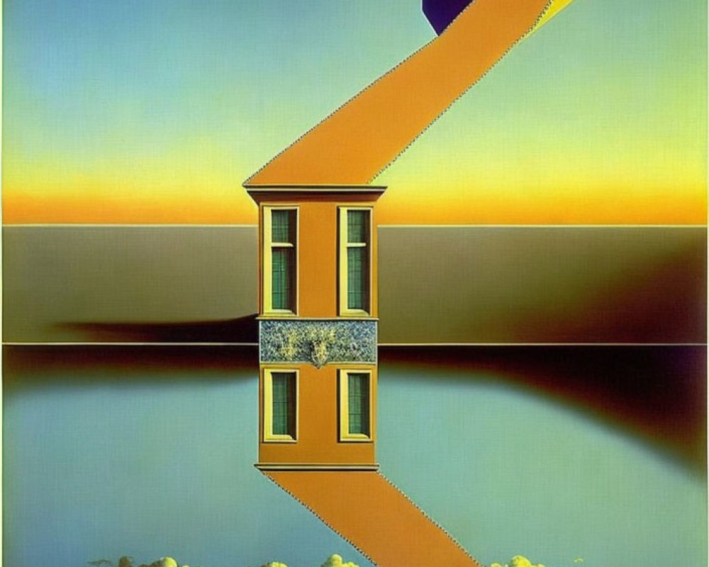 Surreal landscape with floating window and diagonal lines on blue and yellow gradient.