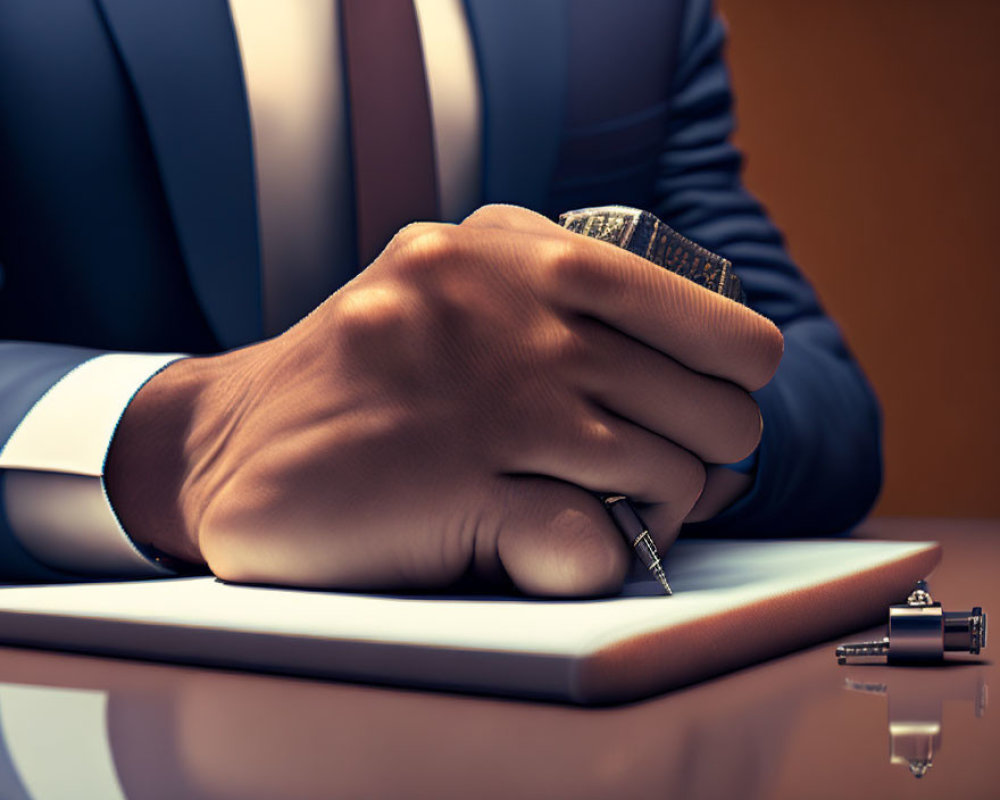 Businessperson in suit writing on notepad with pen and cufflinks visible