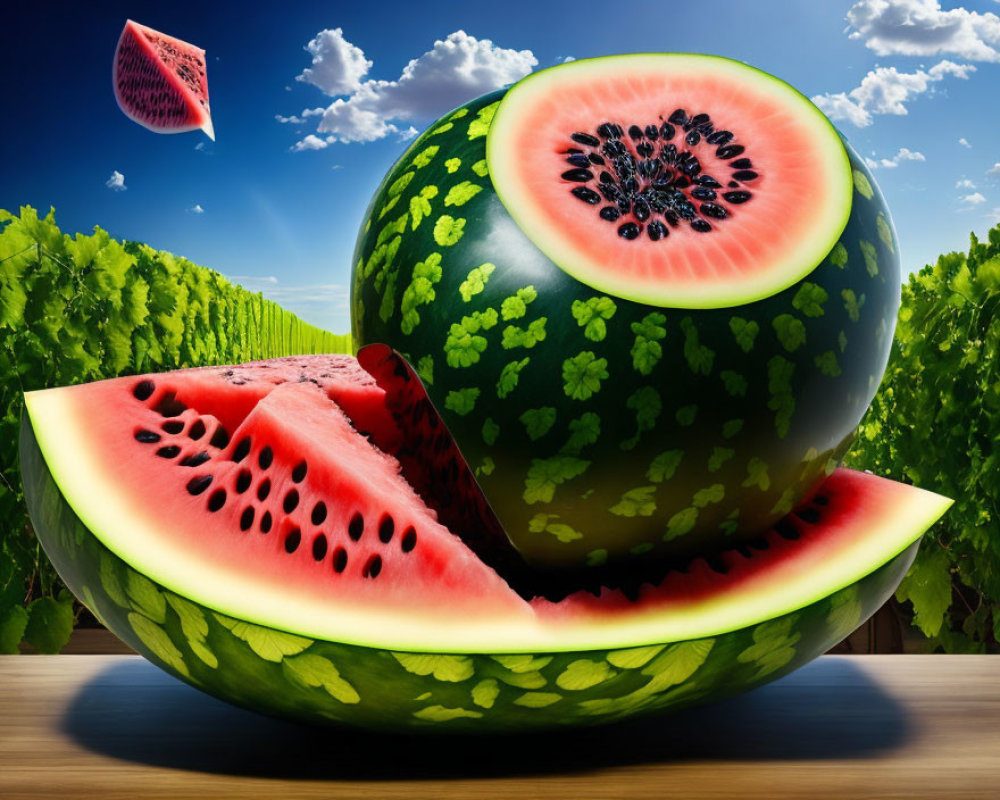 Ripe watermelon slice with red interior, seeds, under clear sky