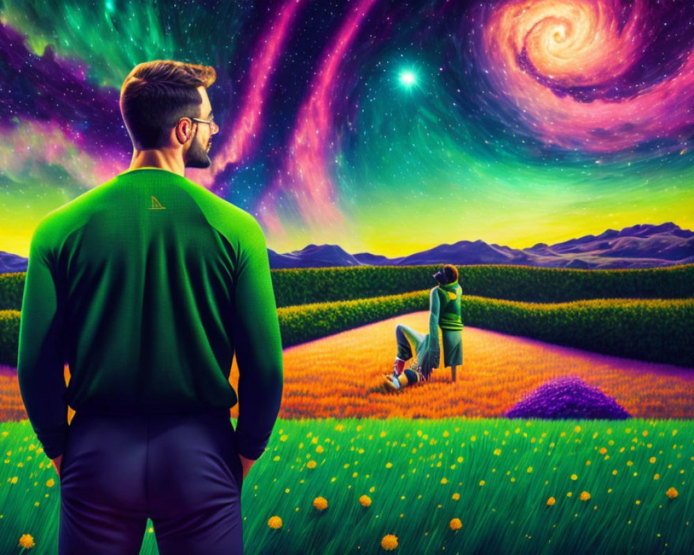 Man in green shirt gazes at lavender landscape with galaxy above