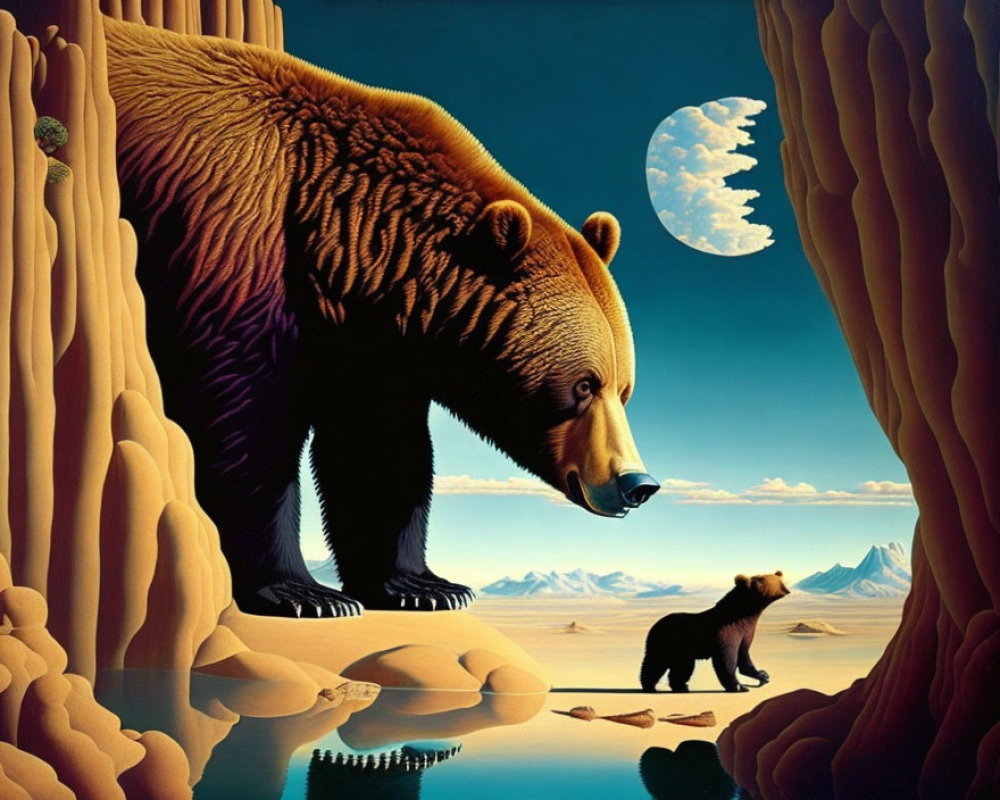 Surreal landscape with giant bear, smaller bear, reflective water, rocky cliffs, blue sky,