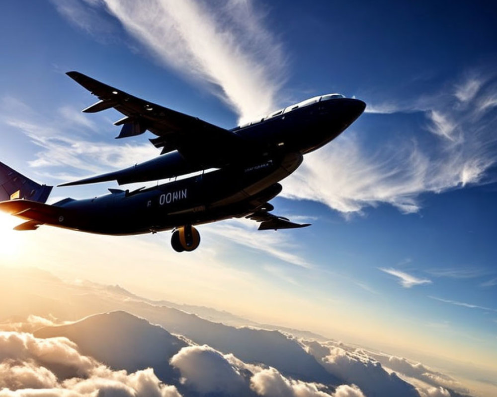 Commercial airplane flying above clouds at sunrise or sunset