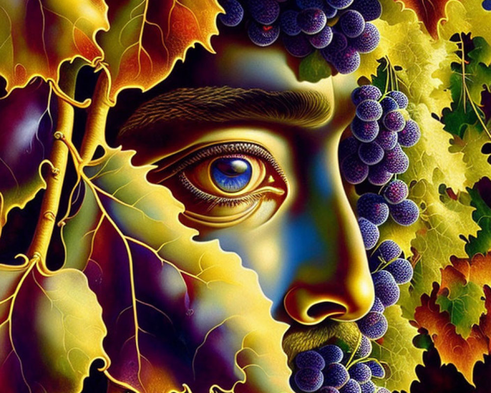 Surreal illustration: autumn leaves, grapes, human eye pattern