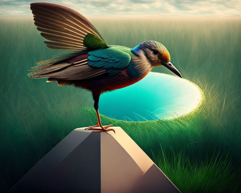 Colorful bird perched on surreal shape overlooking grassy landscape