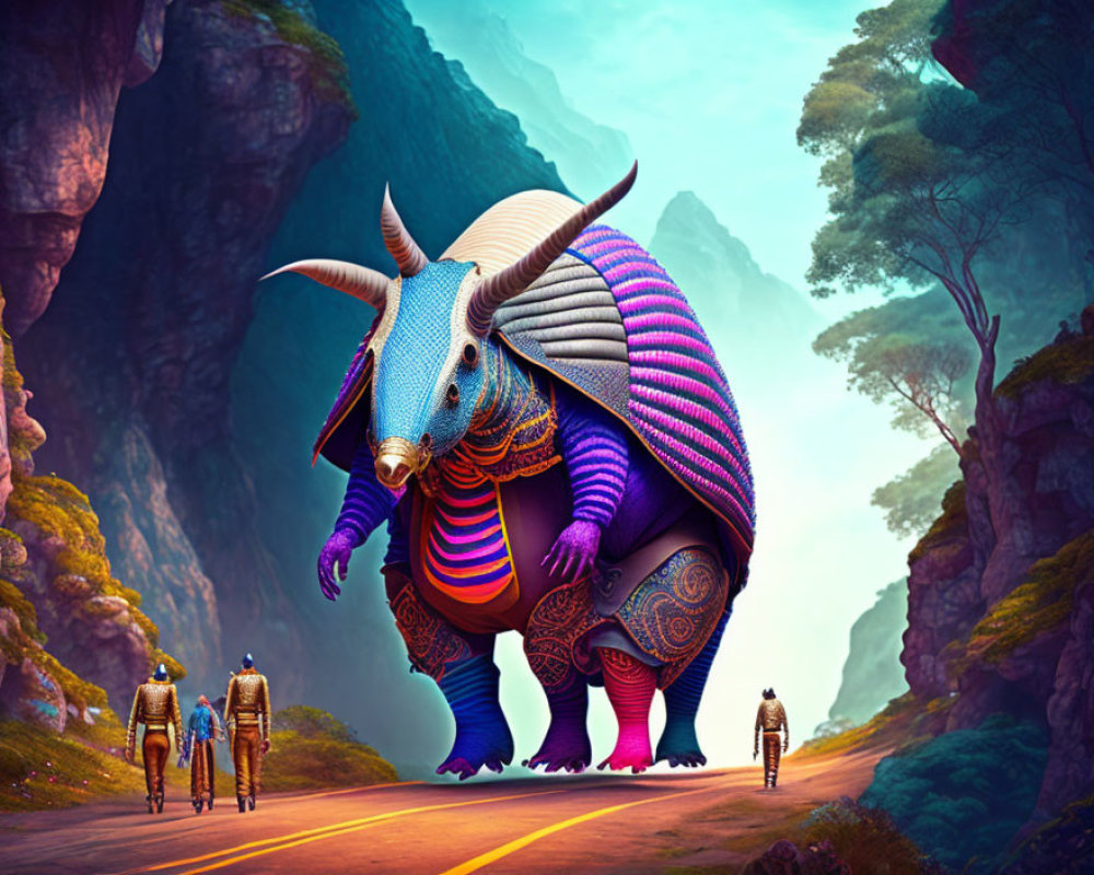 Colorful surreal illustration: Fantasy armadillo creature with humanoid robots on road