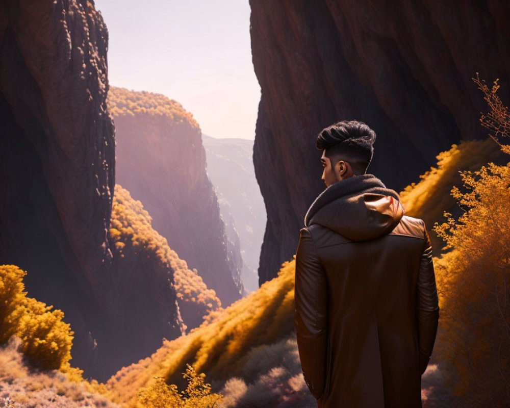 Stylish man in leather jacket gazes at autumn canyon