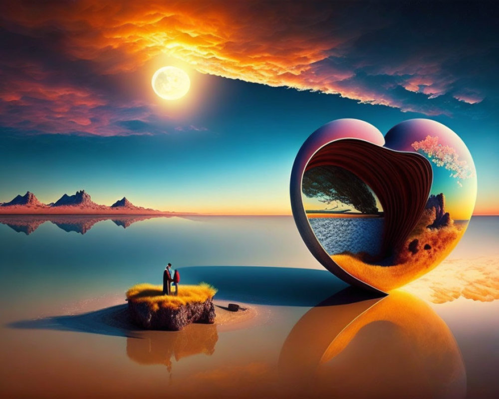 Surreal landscape with couple on islet under vivid sunset and heart-shaped portal.