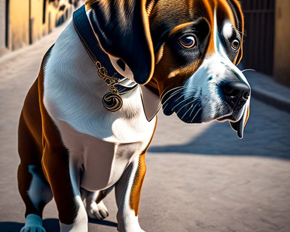 Digitally altered image: oversized dog head on small body in sunlit street