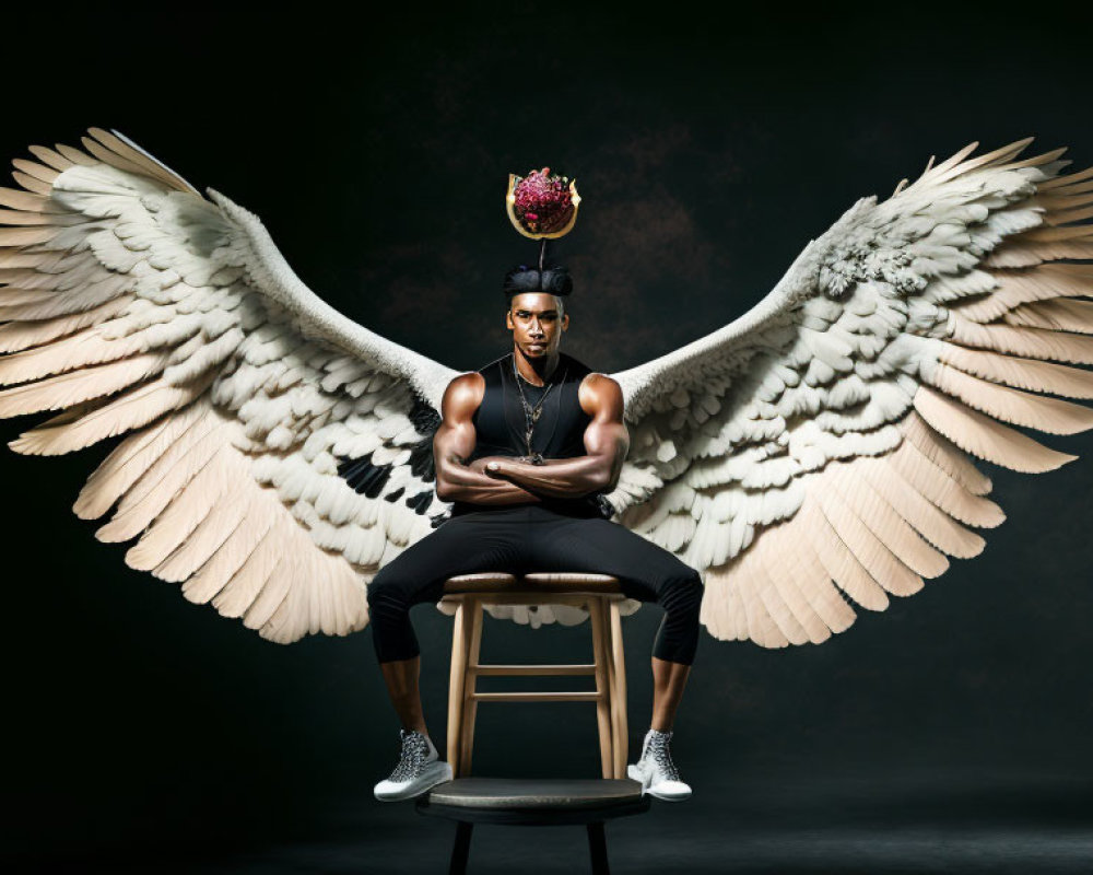 Athletic person with white wings and floral crown on chair.