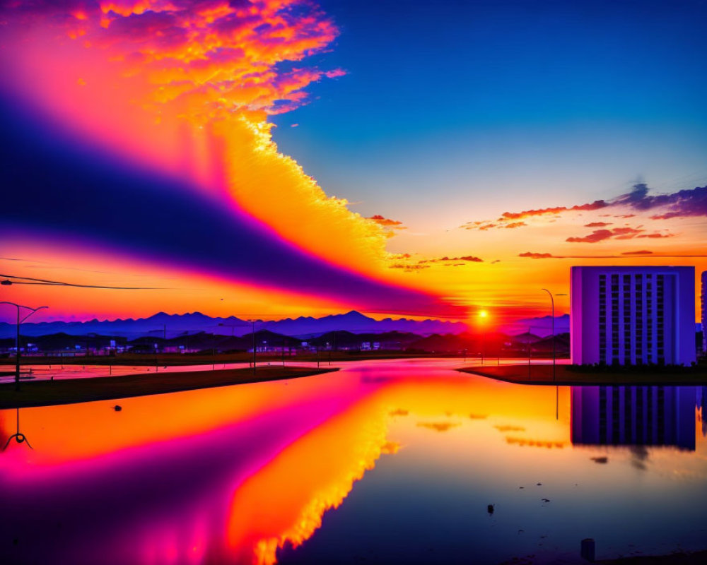 Colorful sunset with striking rays over serene lake, silhouetted buildings and mountains.