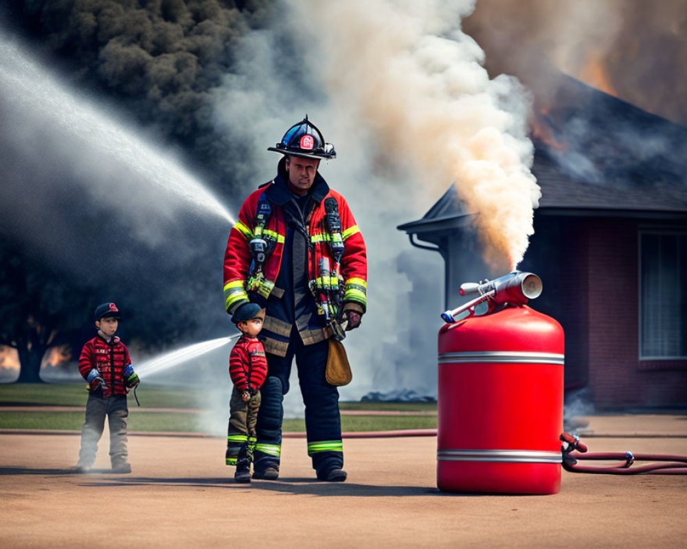 Firefighter and children in front of house fire with fire extinguisher