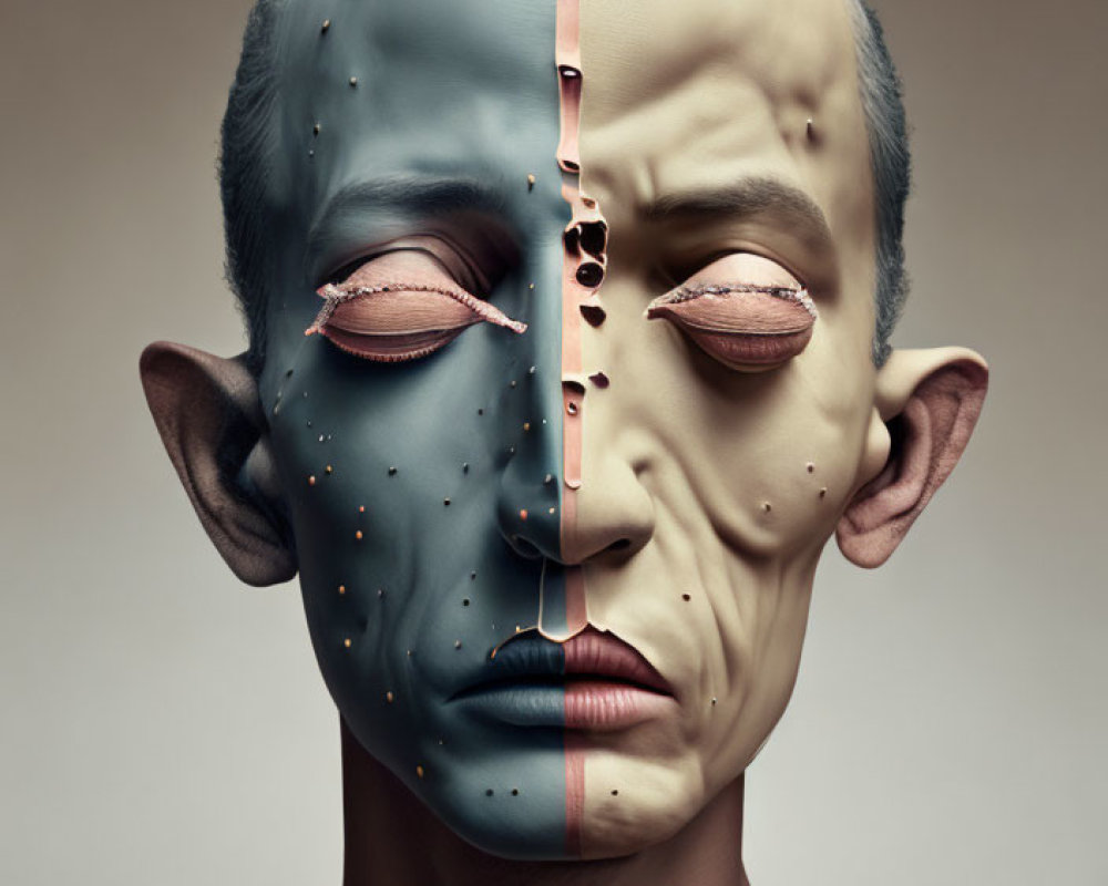 Surreal humanoid face with zipper, stitched eyes, and dotted skin detail