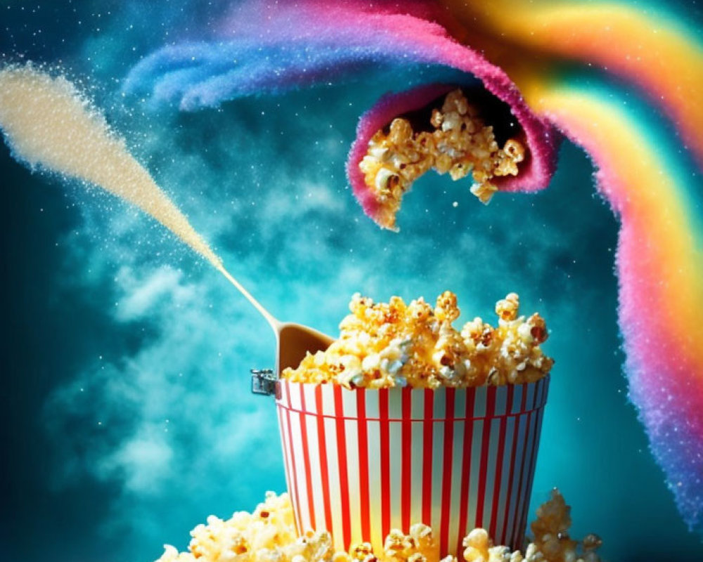 Colorful cosmic nebula backdrop with exploding popcorn in striped container