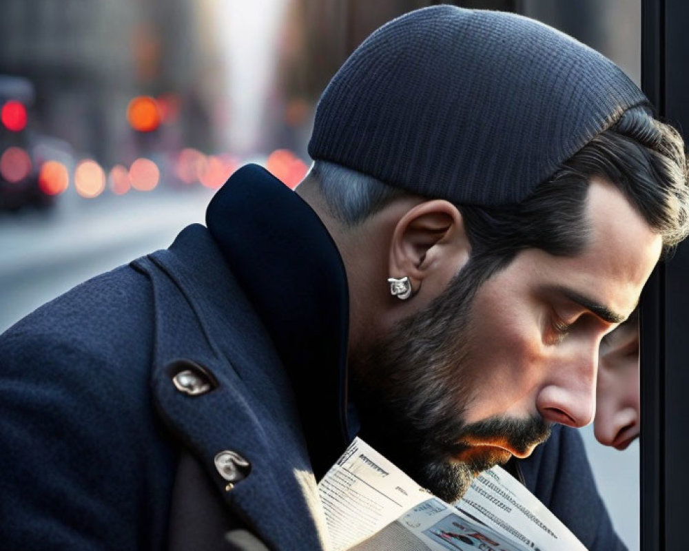 Man in beanie and coat reading book on city bus with earbuds