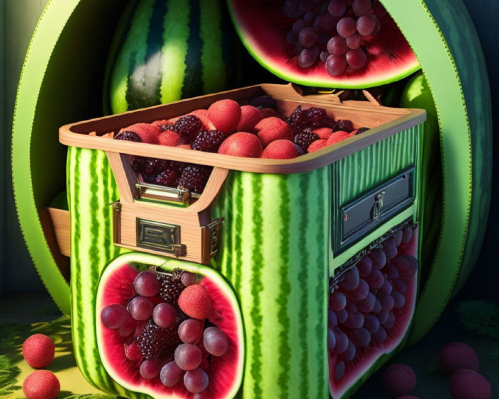 Surreal image: watermelon safe with red grapes and strawberries in oversized melon