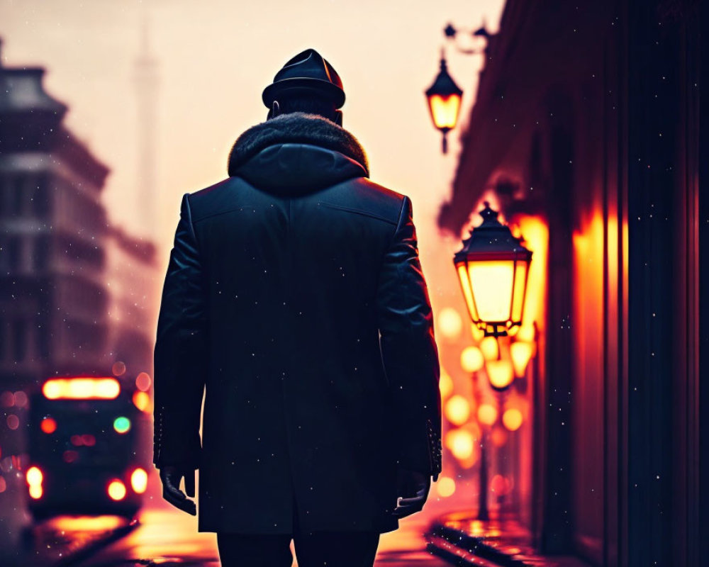 Person in winter coat walks on city street at dusk with vintage street lamps and blurred city lights.