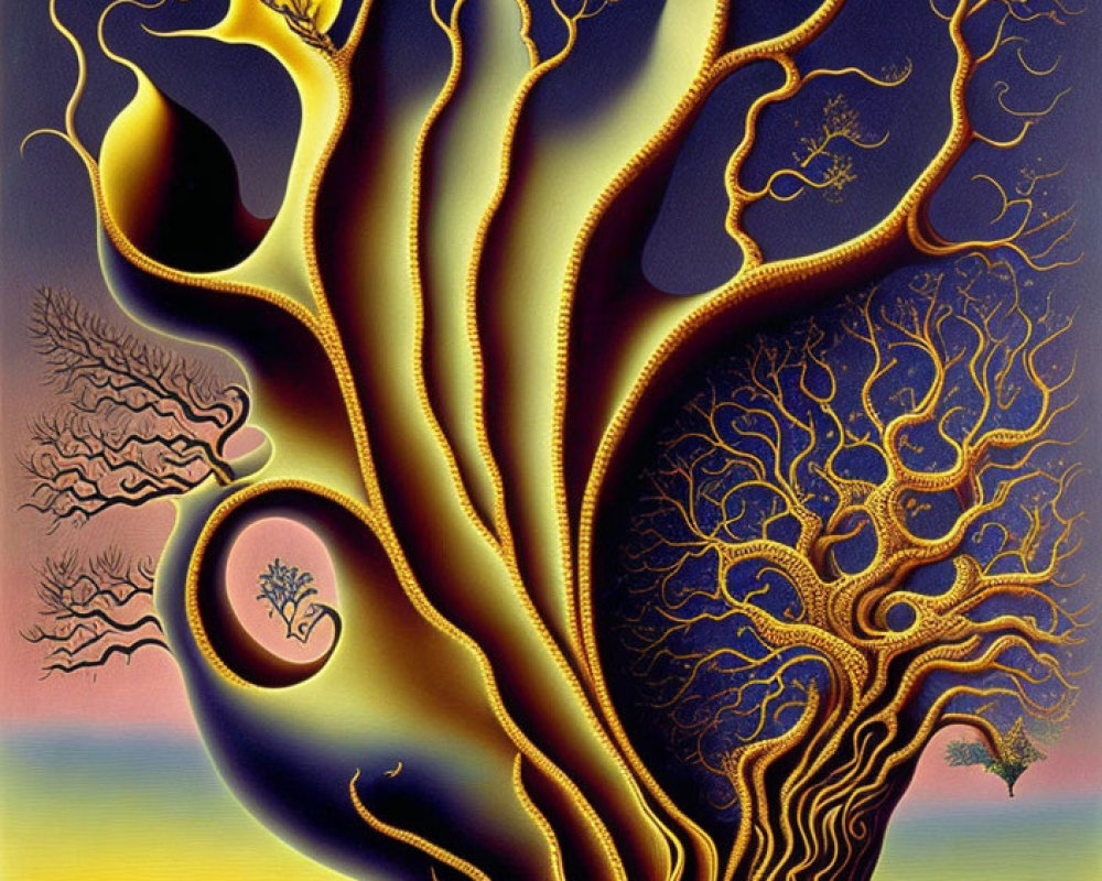 Surreal painting: Golden tree with recursive smaller trees in twilight sky