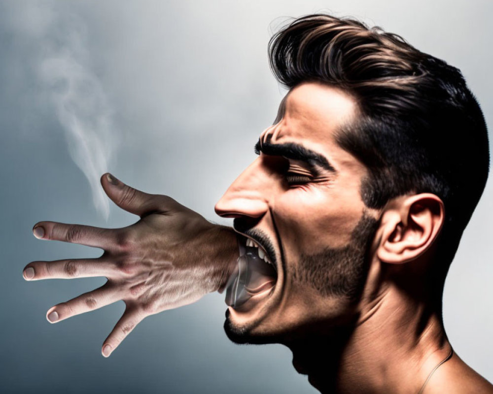 Intense man with surreal hand coming out of mouth