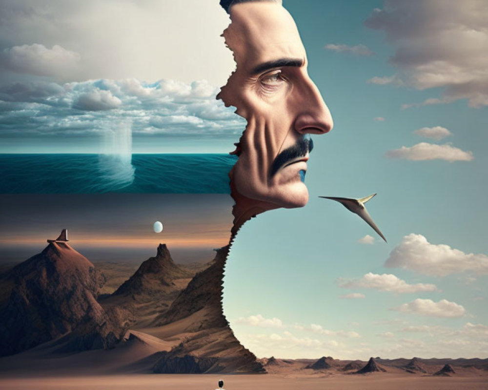 Surreal landscape: man's profile cliffs, floating gull, figure with suitcase