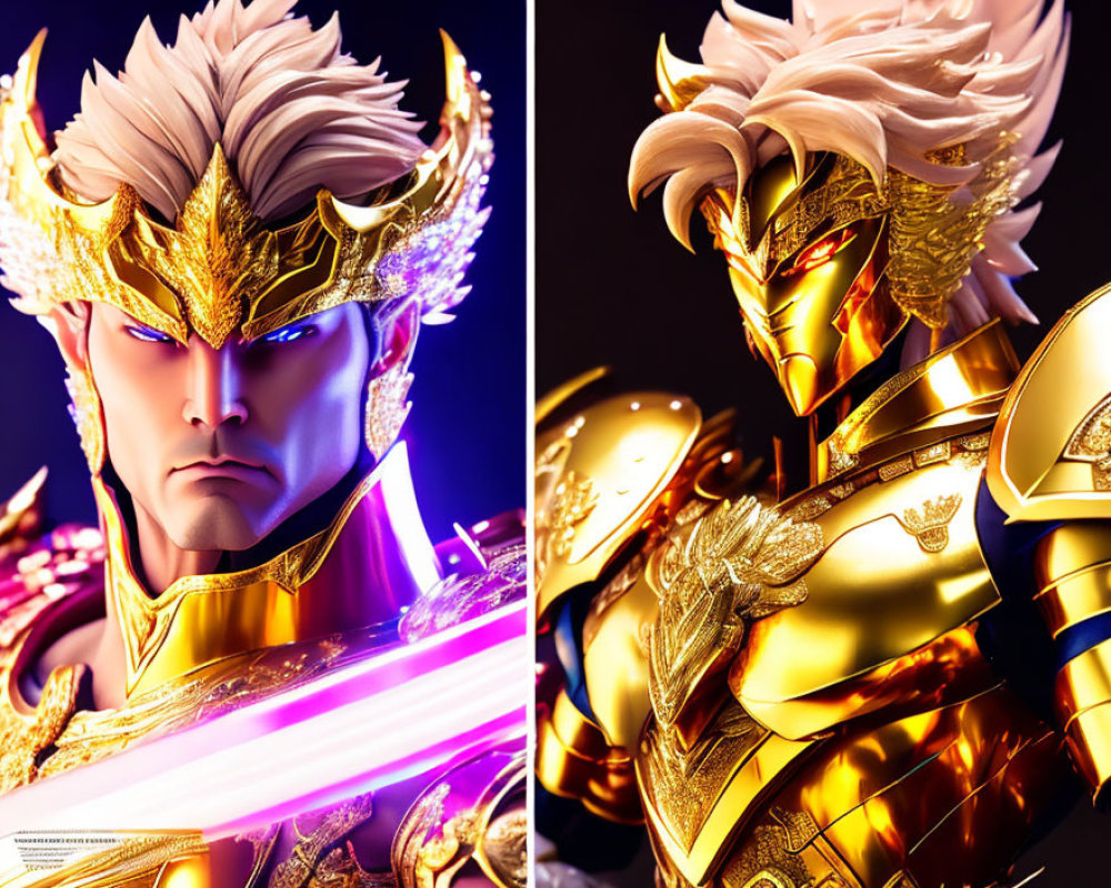 Close-Up Shots of Figurine in Golden Armor with Glowing Sword