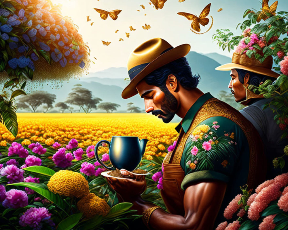 Two individuals examining coffee in a colorful, floral setting with fluttering butterflies.