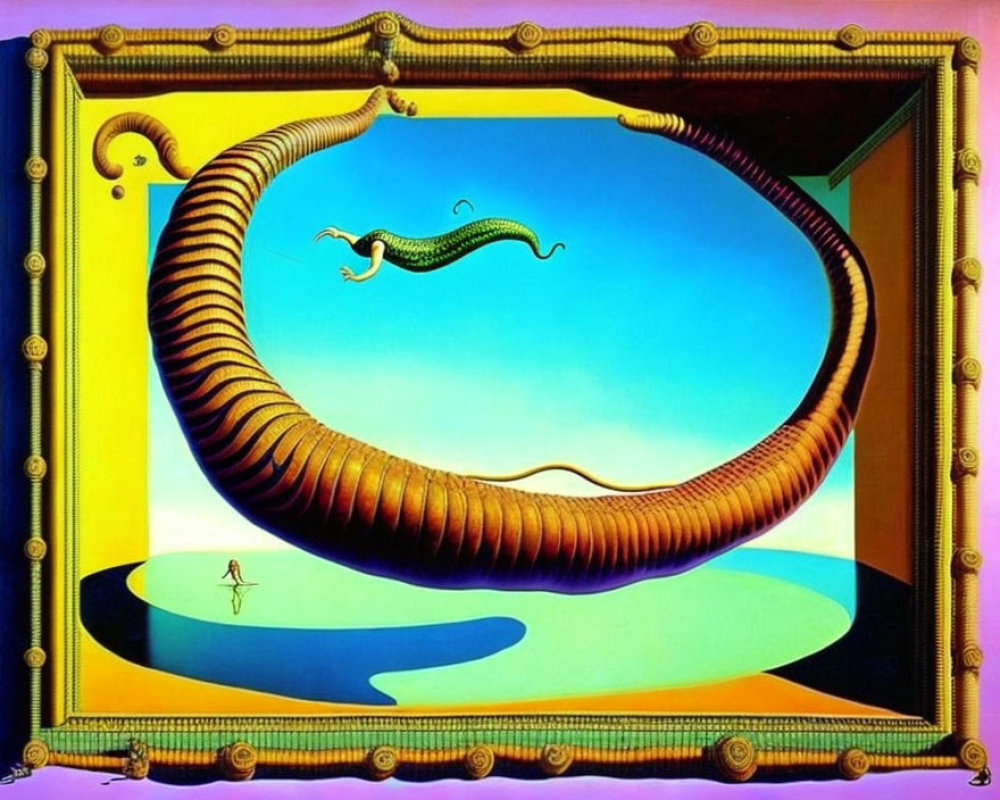 Surreal artwork: Giant millipede, human figure, and flying snake in fantastical landscape