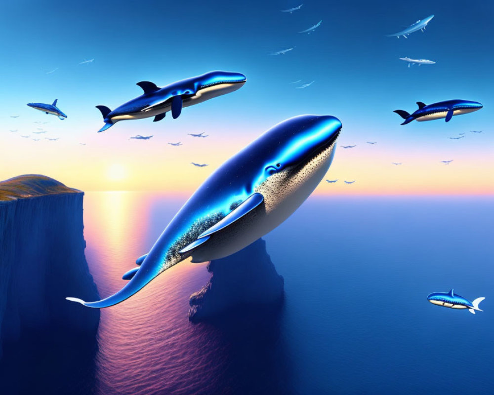 Surreal sunset scene: oversized flying whales over ocean with cliff and birds