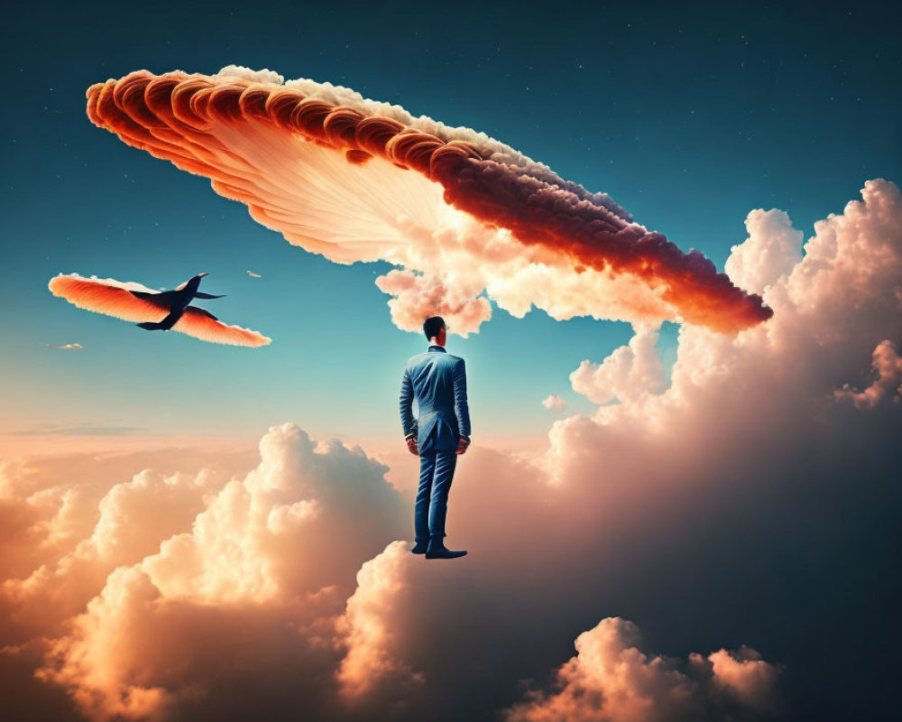 Man in suit on edge with plane flying in dramatic sky view