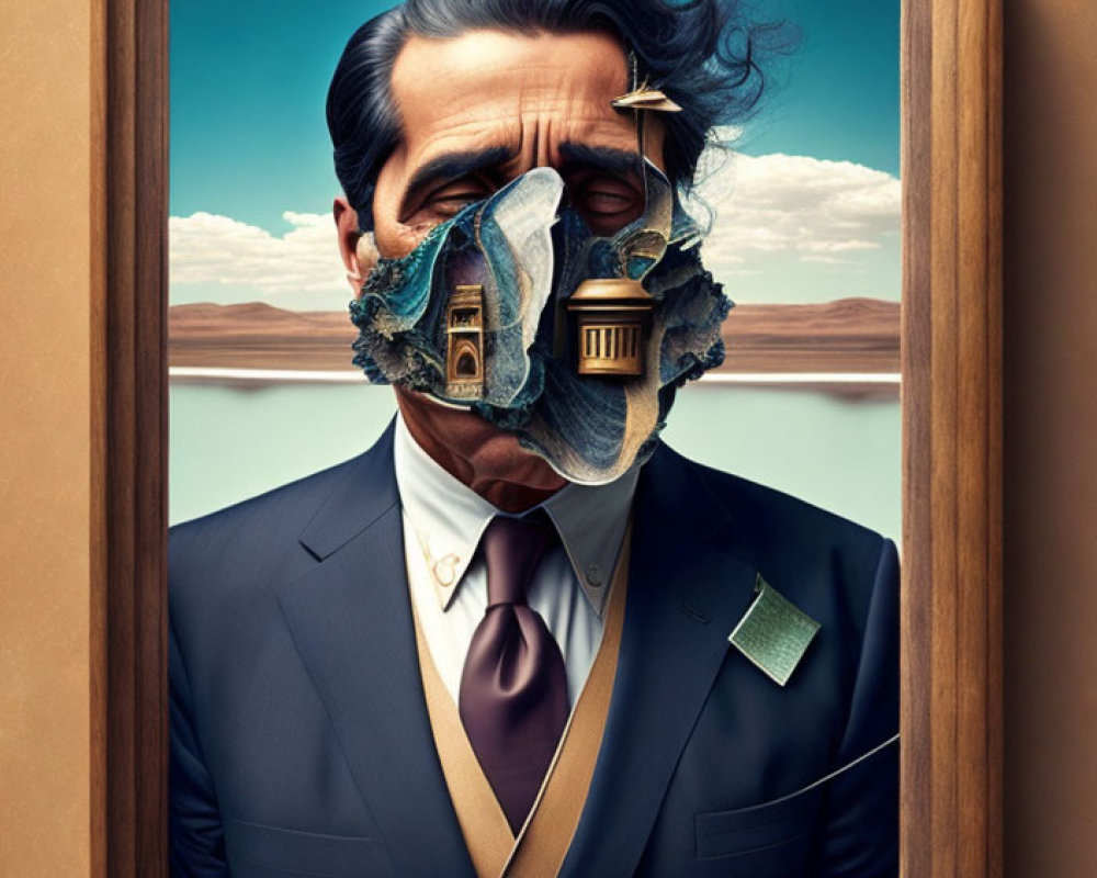 Surreal portrait: man's face becomes classical facade in desert landscape