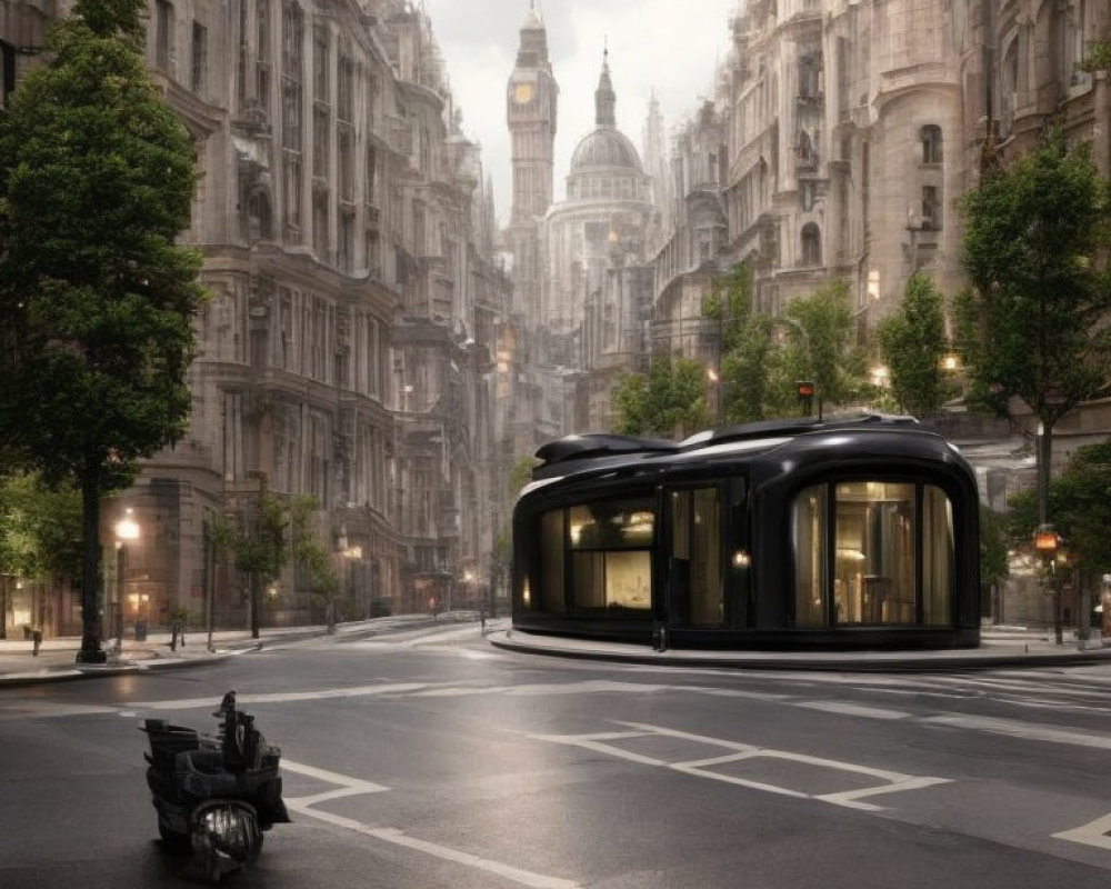 Deserted street in historic city with modern tram and classic architecture.