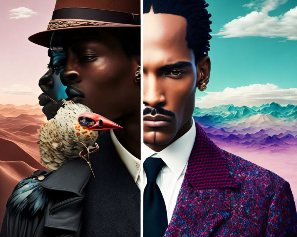 Stylized portraits of men with surreal elements and colorful, layered hills