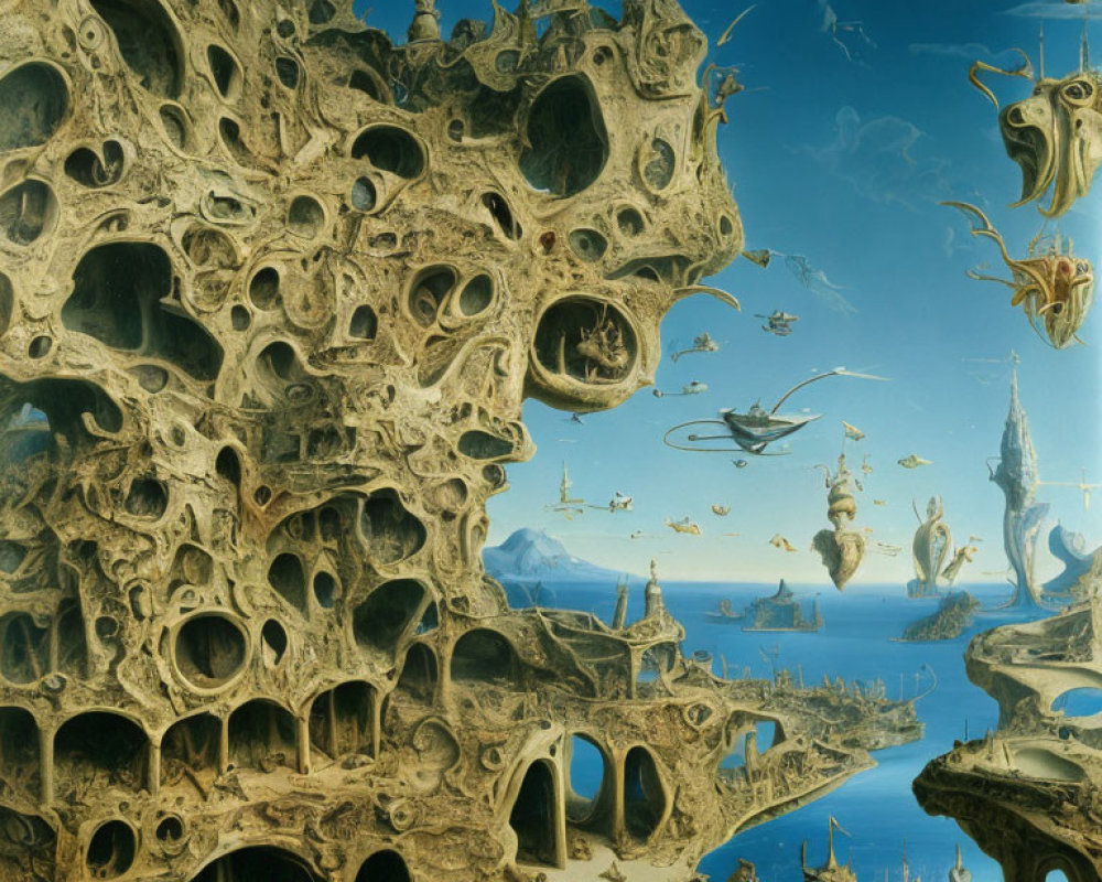 Surrealist painting of fantastical landscape with organic architecture and floating elements