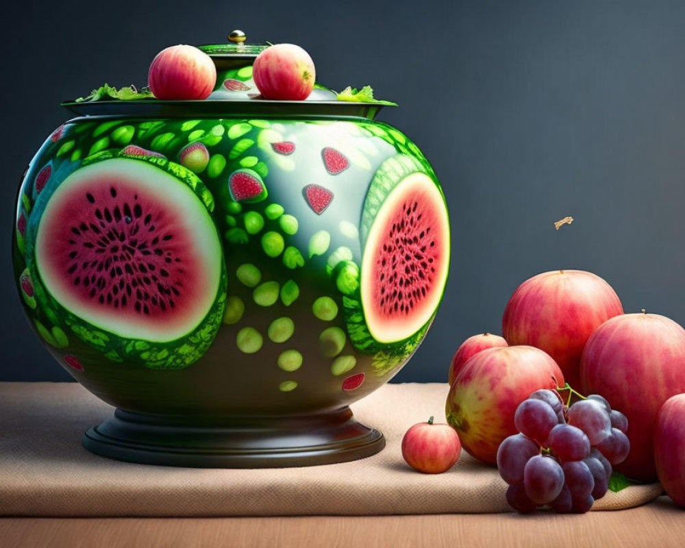 Whimsical watermelon soup tureen with apples and grapes on table