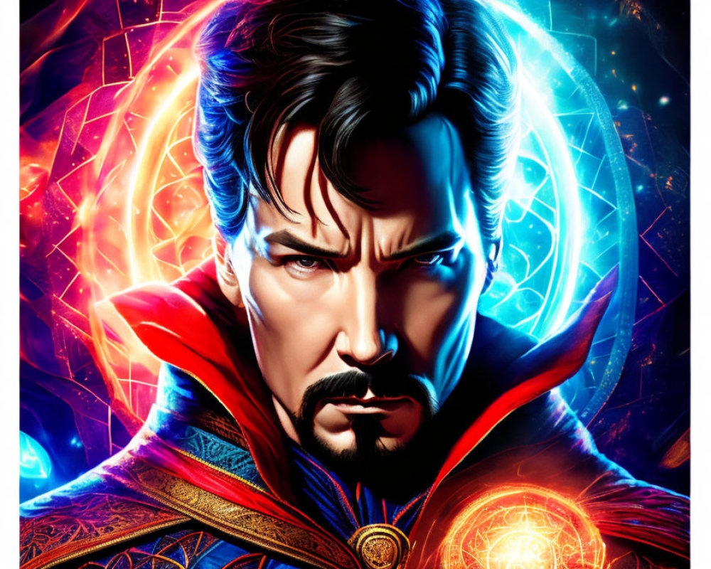 Male comic book character in red cloak and blue attire casting mystical spells with glowing symbols