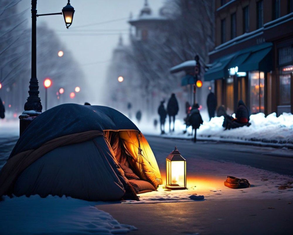 Snowy city sidewalk tent with lantern and pedestrians at dusk