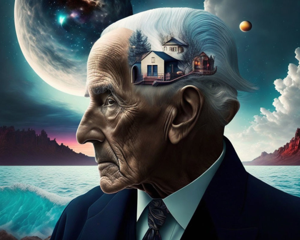 Elderly man portrait with cosmic landscape overlay