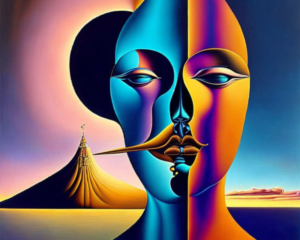 Colorful surreal painting: Two symmetrical faces sharing a single eye against a tent-like backdrop