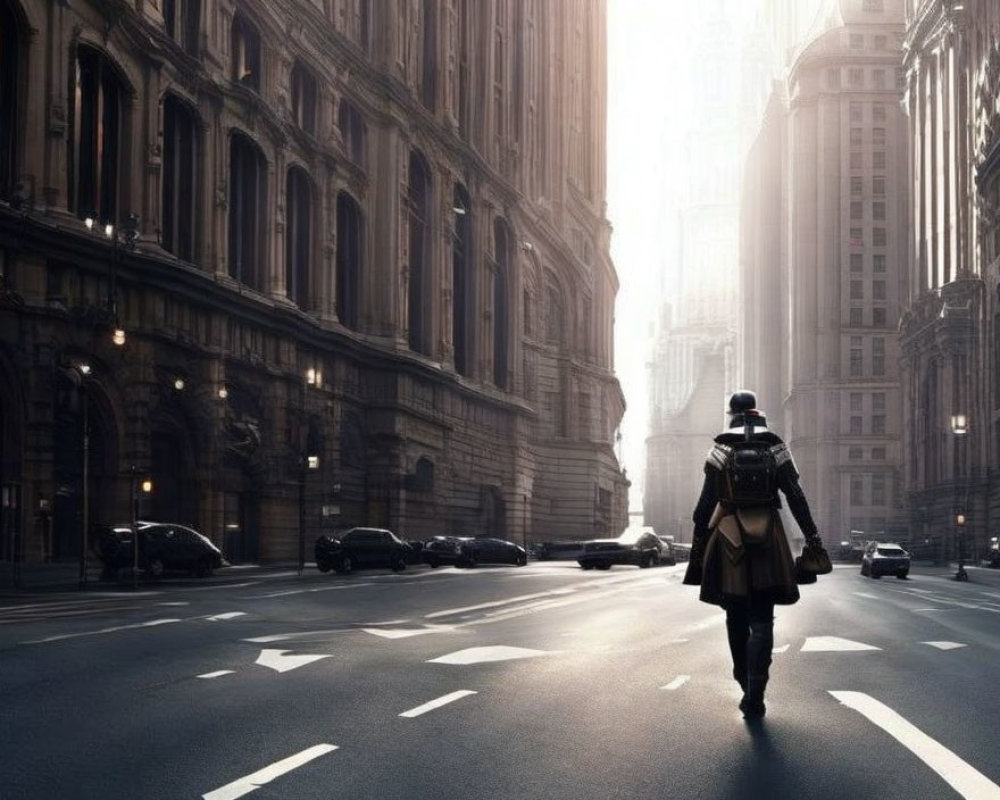 Person walking on sunlit urban street with grand buildings and parked cars