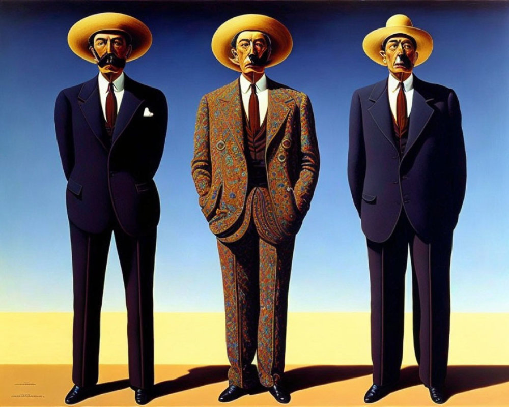 Three Men in Suits and Sombreros with Exaggerated Features against Blue Sky