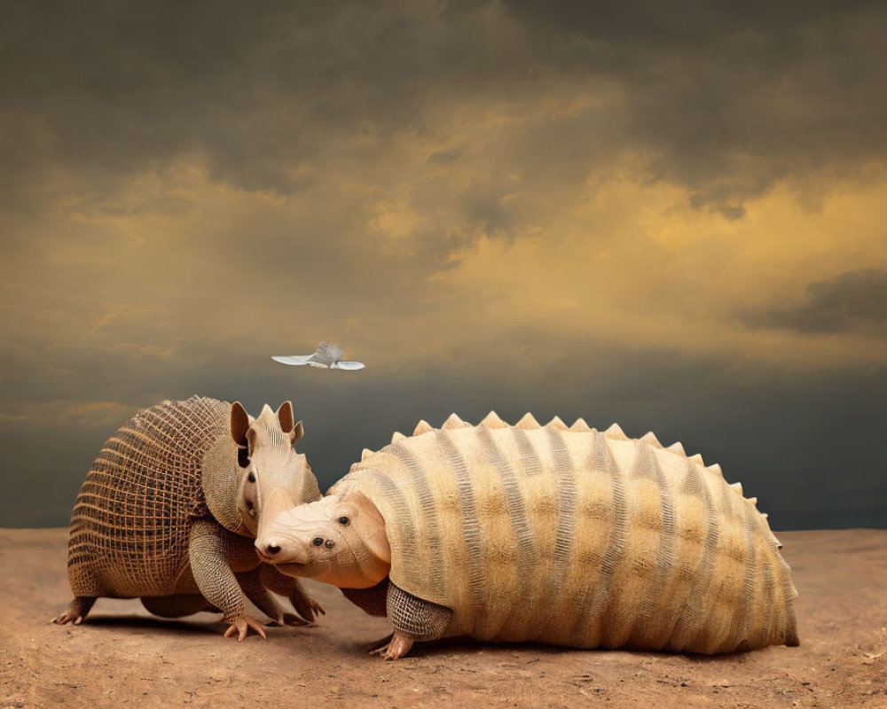 Two armadillos with woven cap, spaceship in desert under cloudy sky