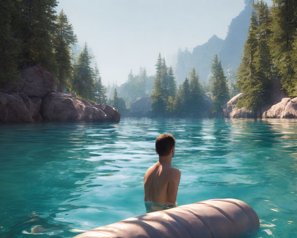 Person floating on clear blue lake surrounded by lush pine trees and distant mountains