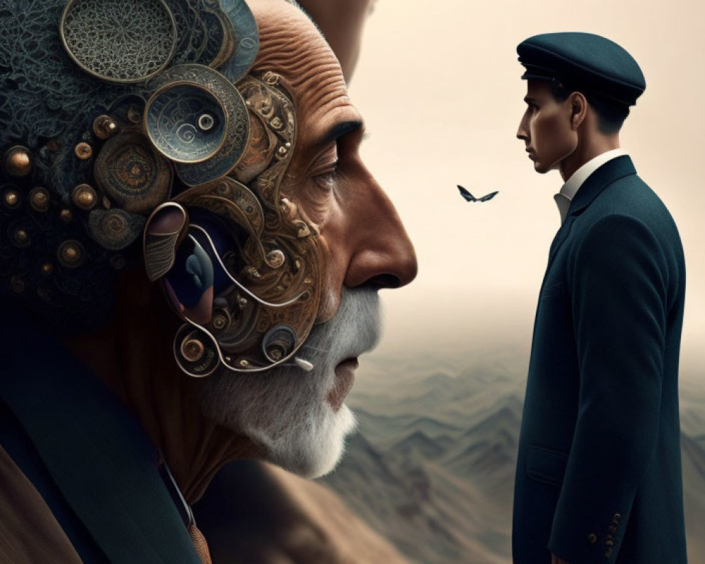 Steampunk cyborg with gear head meets young man in uniform amidst surreal landscape