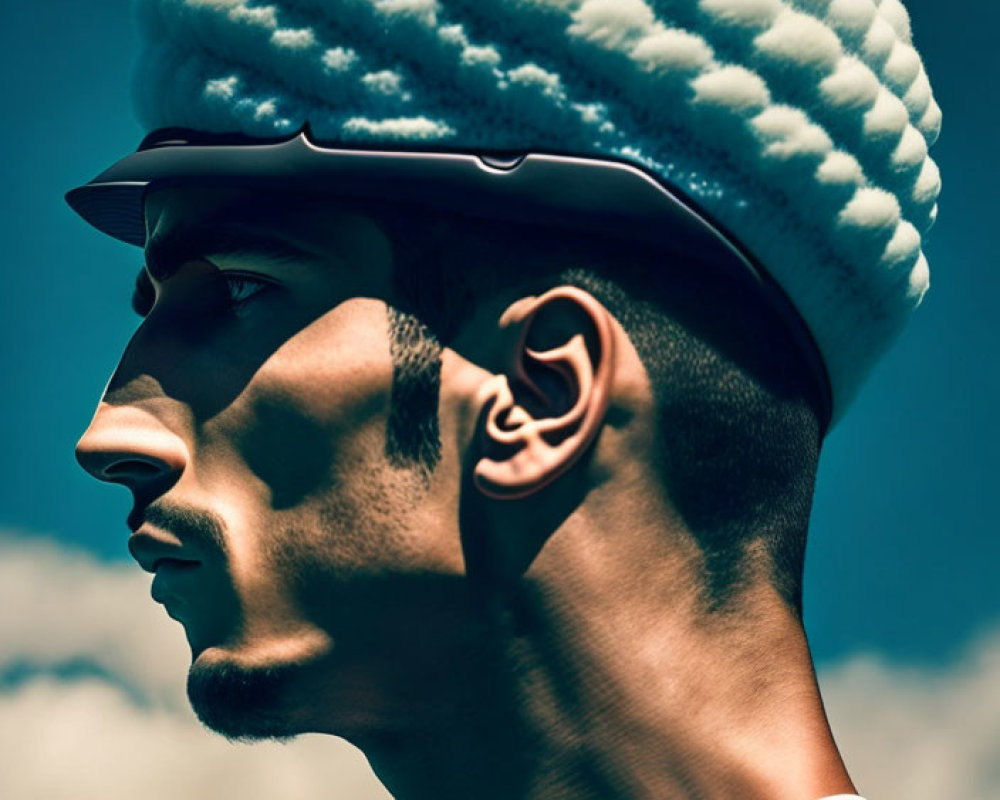 Man in Textured White Headpiece and Suit Against Blue Sky