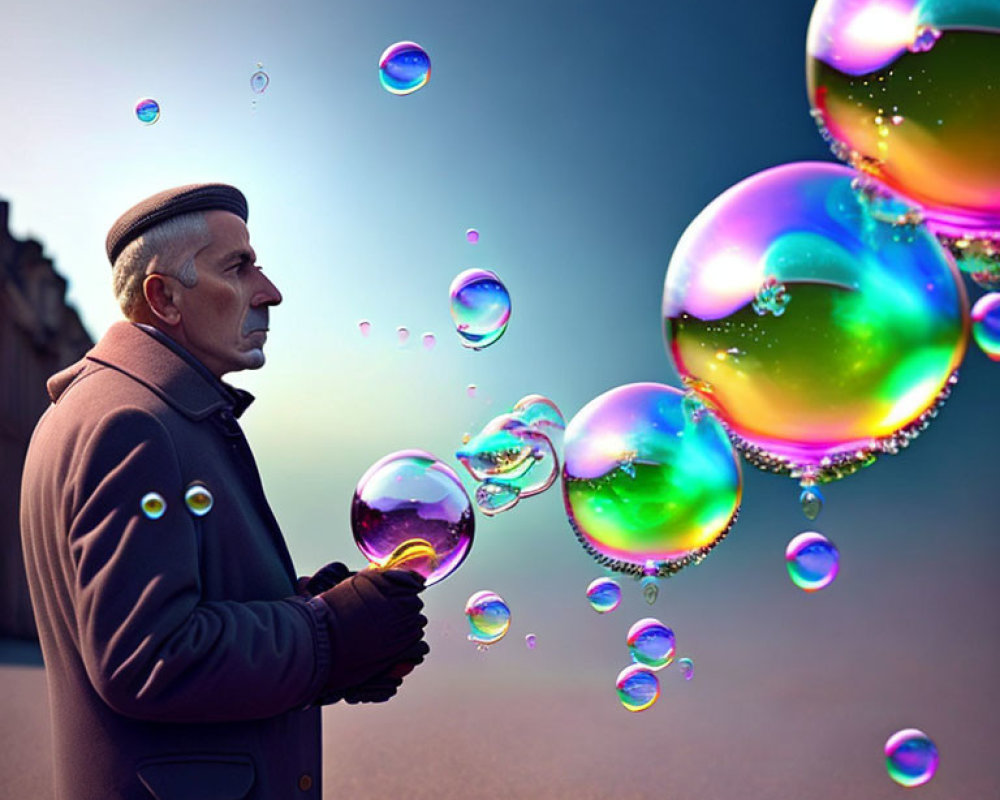 Man in Coat and Hat Making Iridescent Soap Bubbles at Night