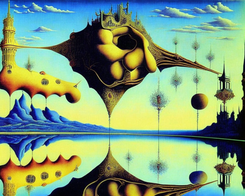 Vibrant surreal artwork: melting landscape, orbs, reflective water